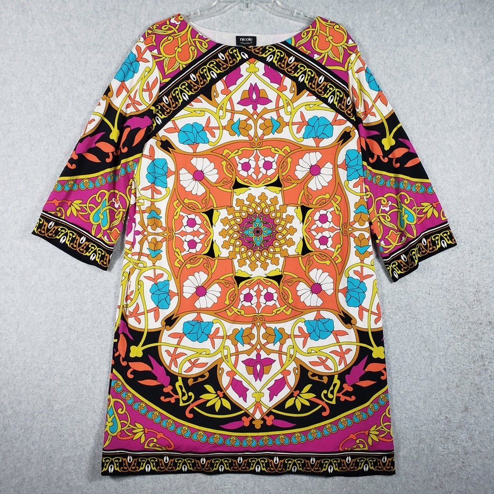 Nicole Miller Geometric Print Shift Dress 3/4 Sleeve MultiColor Retro Neo Deco M